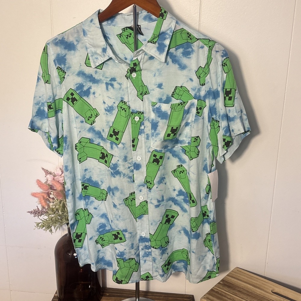 Minecraft Creeper Button Up Shirt Kids Sz Large Fun All Around Print New